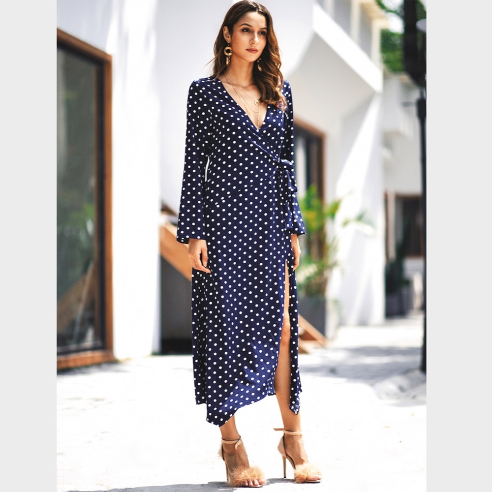 Navy Polka Dot Wrap Maxi Dress Long Sleeves Blue - Picture 2 of 7